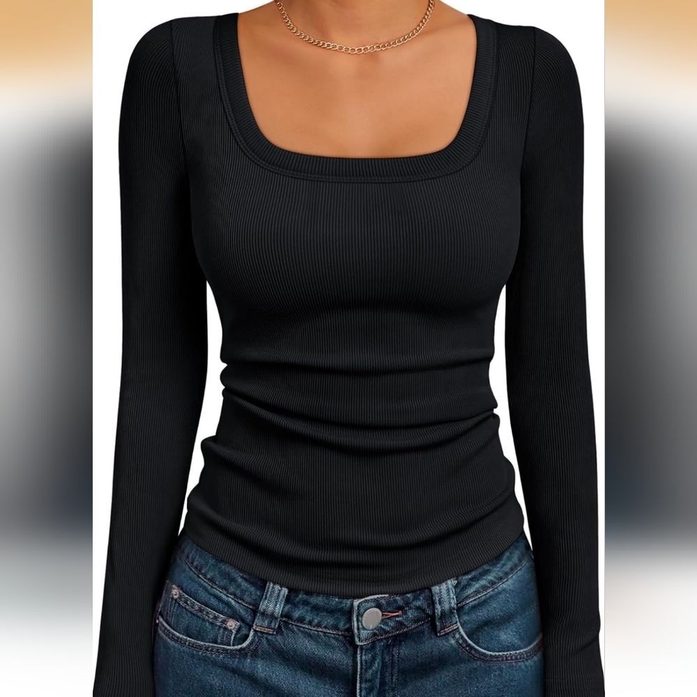 NWT Women‘s Ribbed Square Neck Top, Long Sleeve Slim Fit Basic Shirt Size Medium